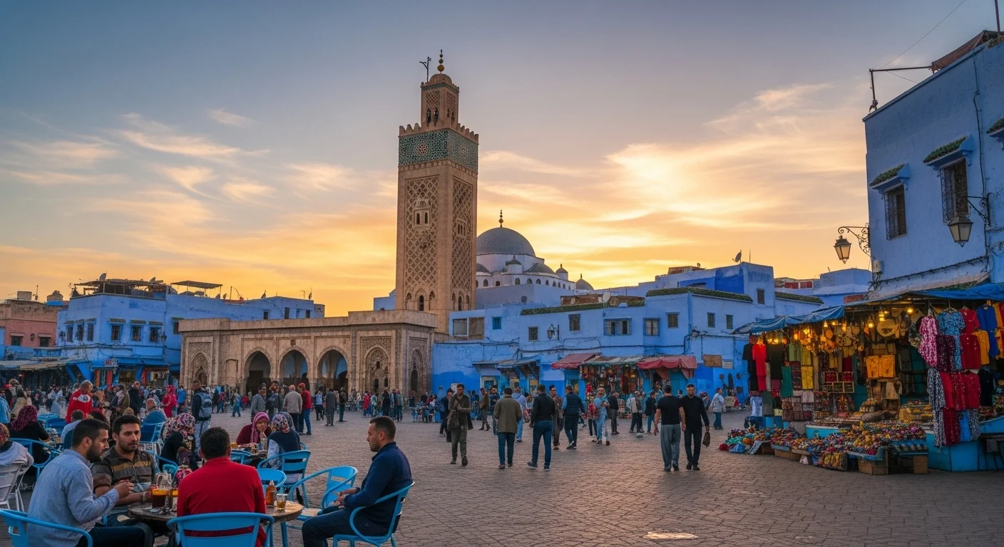 Chefchaouen’s main square at sunset, alive with people and color.