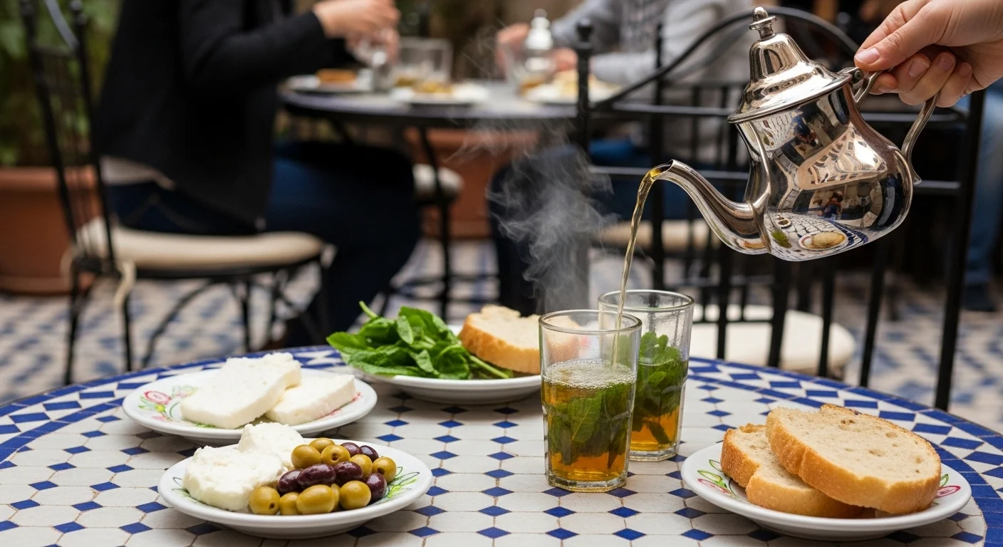 A traditional Moroccan tea service in a Chefchaouen courtyard café.