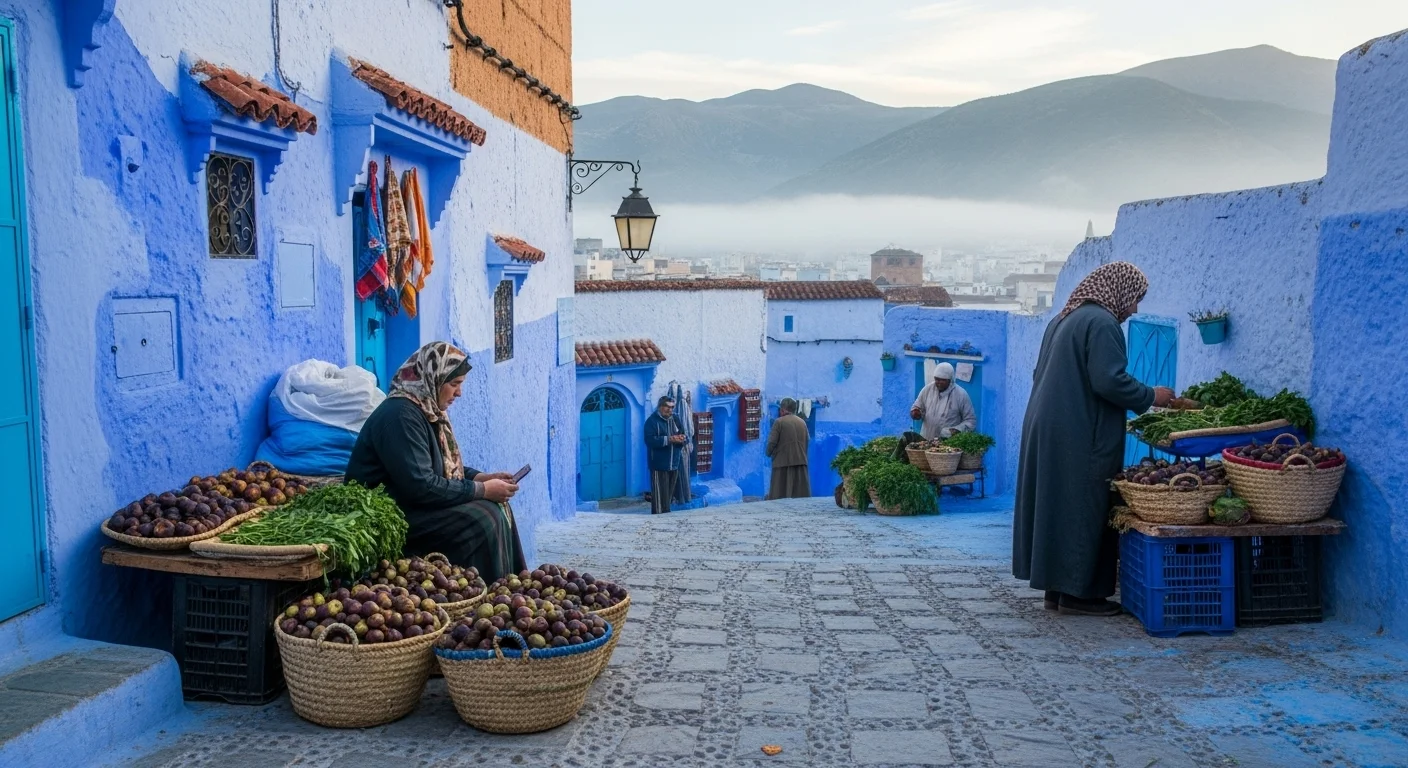Chefchaouen’s blue medina at dawn, alive with local life and mountain views.