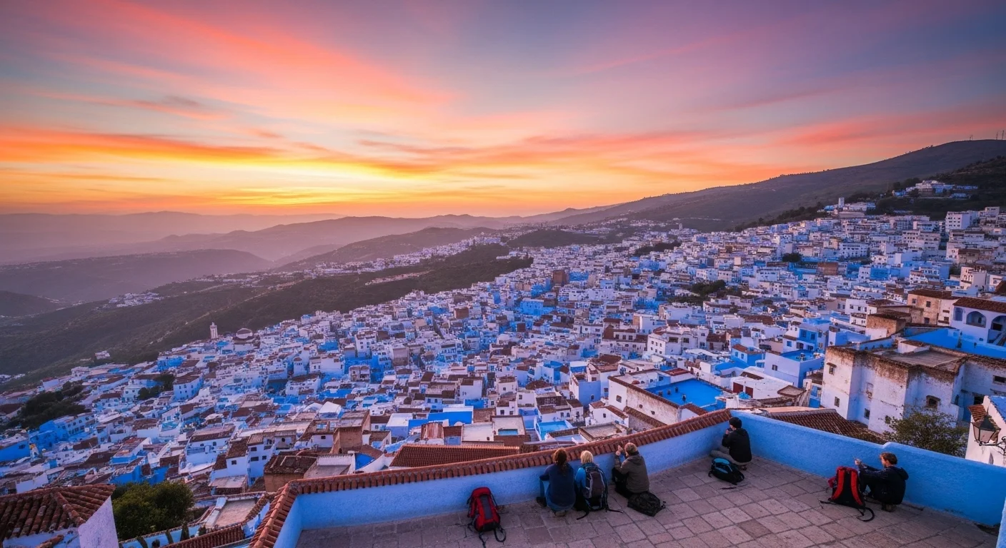 Sunset panorama from the Spanish Mosque, with Chefchaouen glowing below.