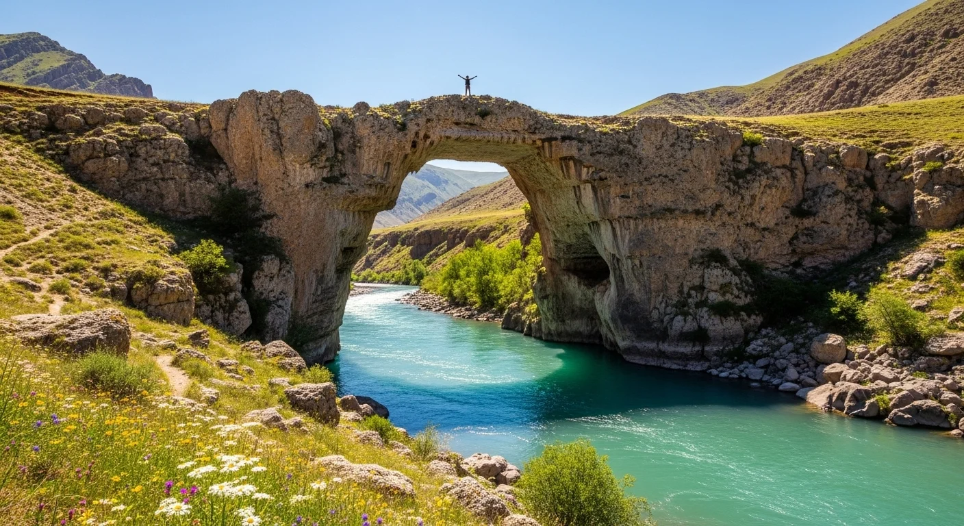 The Bridge of God rock arch over a turquoise river, with a hiker celebrating.