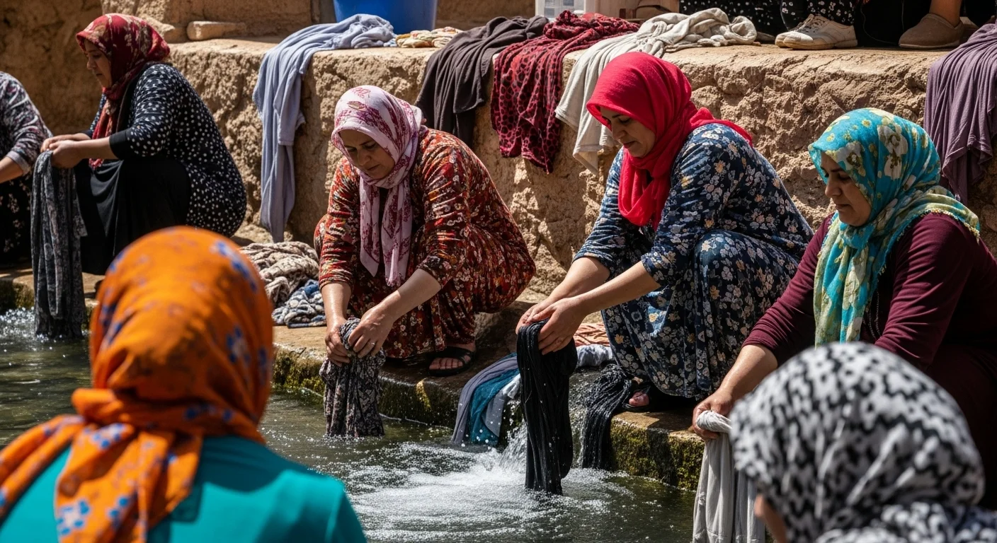 Women washing clothes at Ras El Maa spring, surrounded by color and tradition.