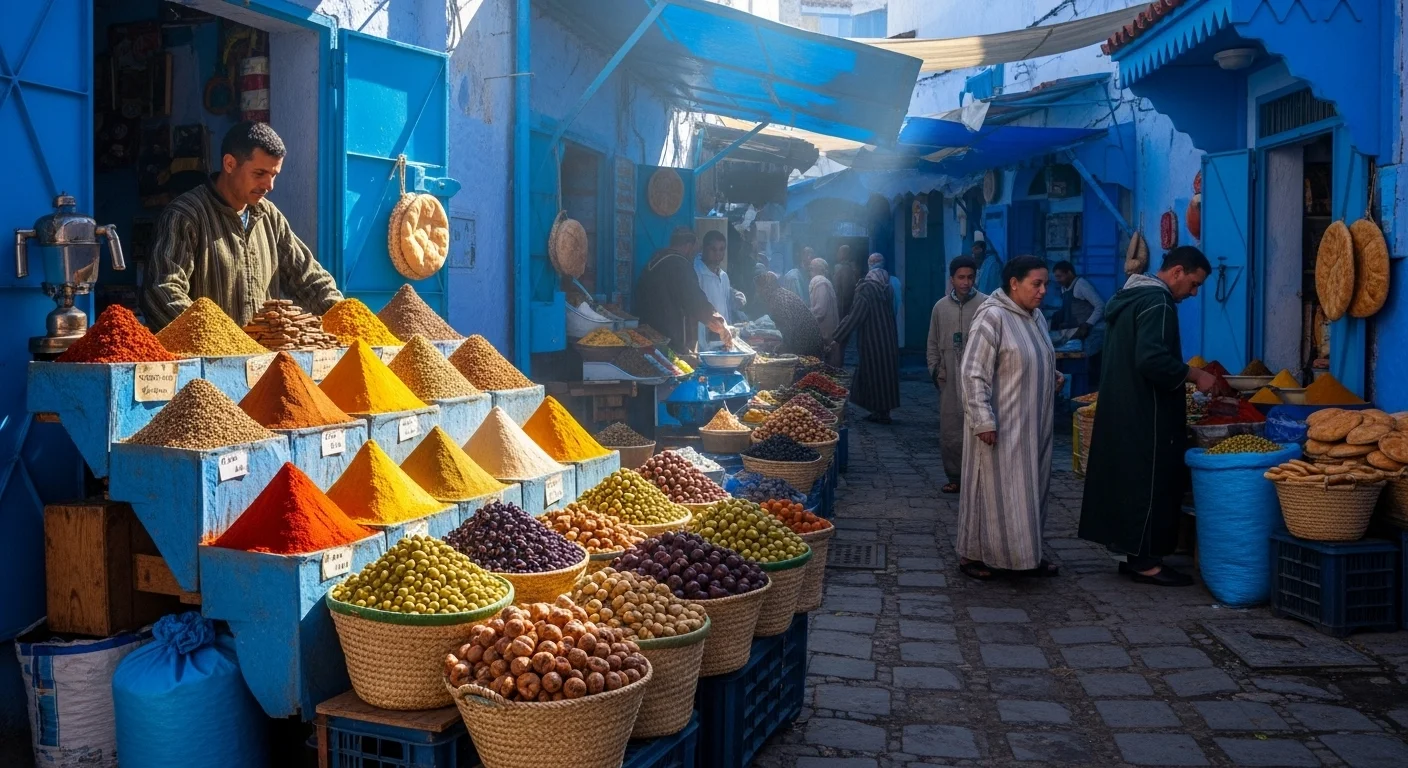 Chefchaouen’s vibrant morning market with spices, fresh produce, and blue-washed walls.