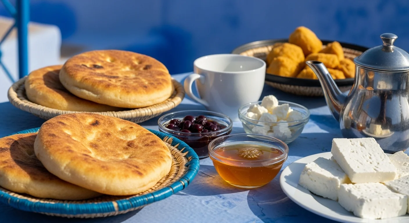 Moroccan breakfast with khobz, honey, goat cheese, and mint tea on a terrace.