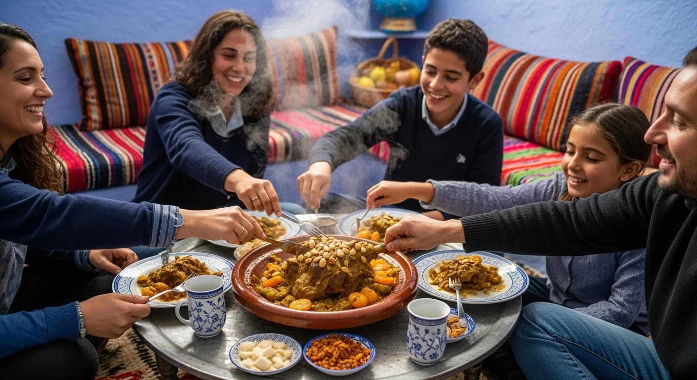 Family sharing lamb tagine around a low table in a blue-walled Chefchaouen home.