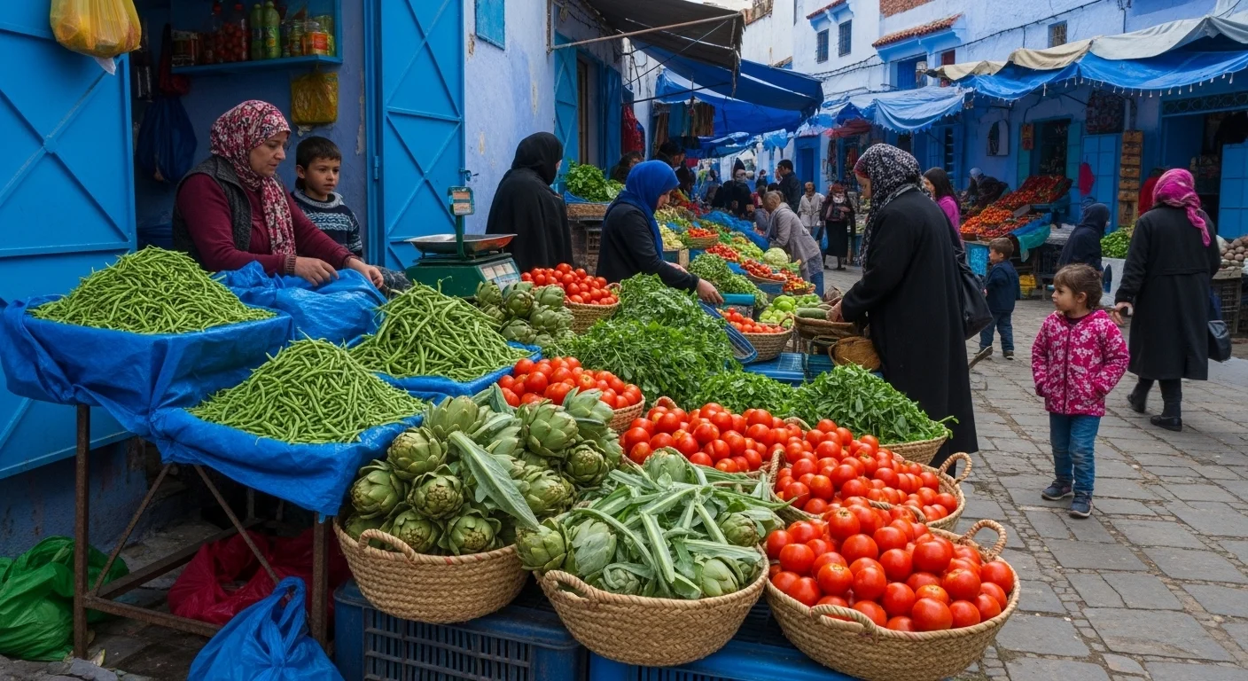Spring market in Chefchaouen with fresh produce and lively atmosphere.