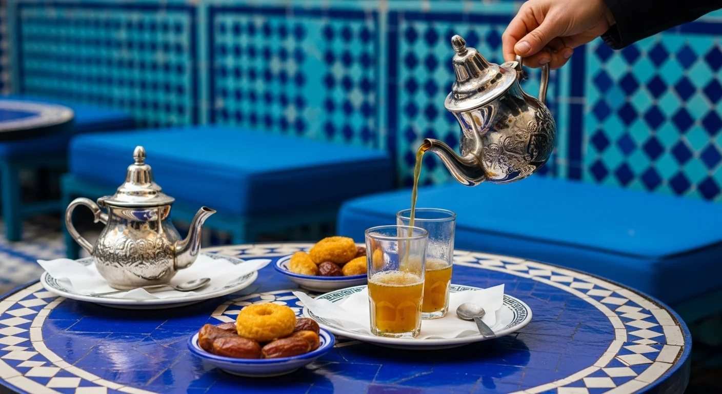 Moroccan tea house with mint tea being poured and sweet pastries in Chefchaouen.