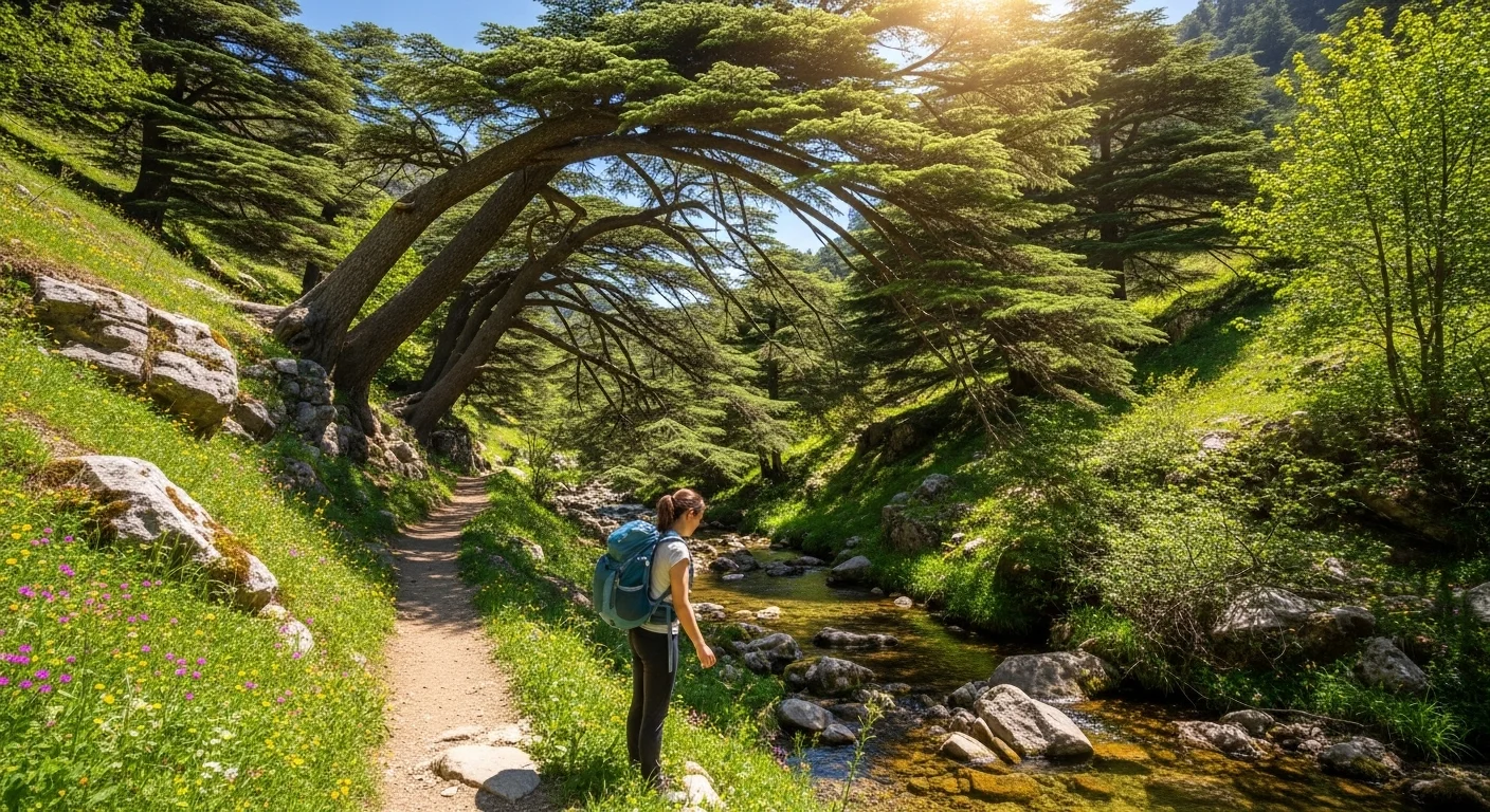 A hiker in Talassemtane National Park, surrounded by trees, wildflowers, and a sparkling stream.