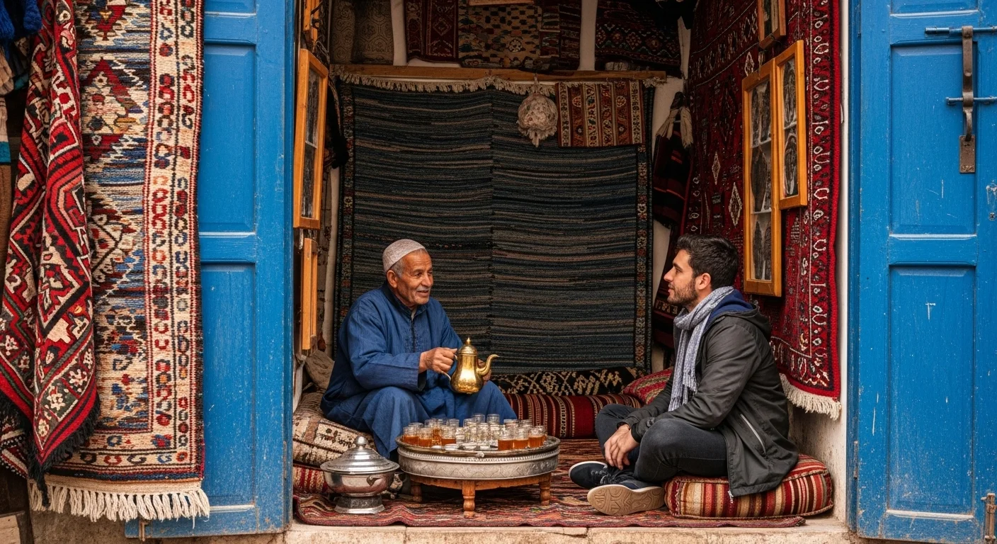 A cozy carpet shop in Chefchaouen, with rugs, tea, and a welcoming shopkeeper.