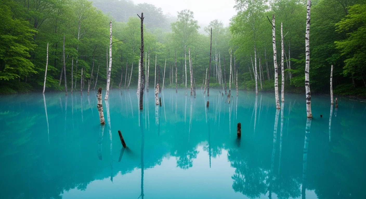 Misty Blue Pond at dawn with silver birch trees and tranquil turquoise water.