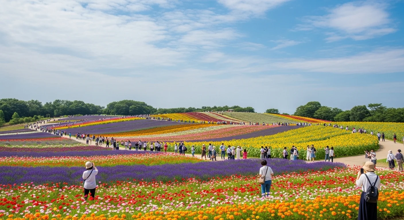 ibrant flower fields on Shikisai Hill with visitors enjoying the summer bloom.