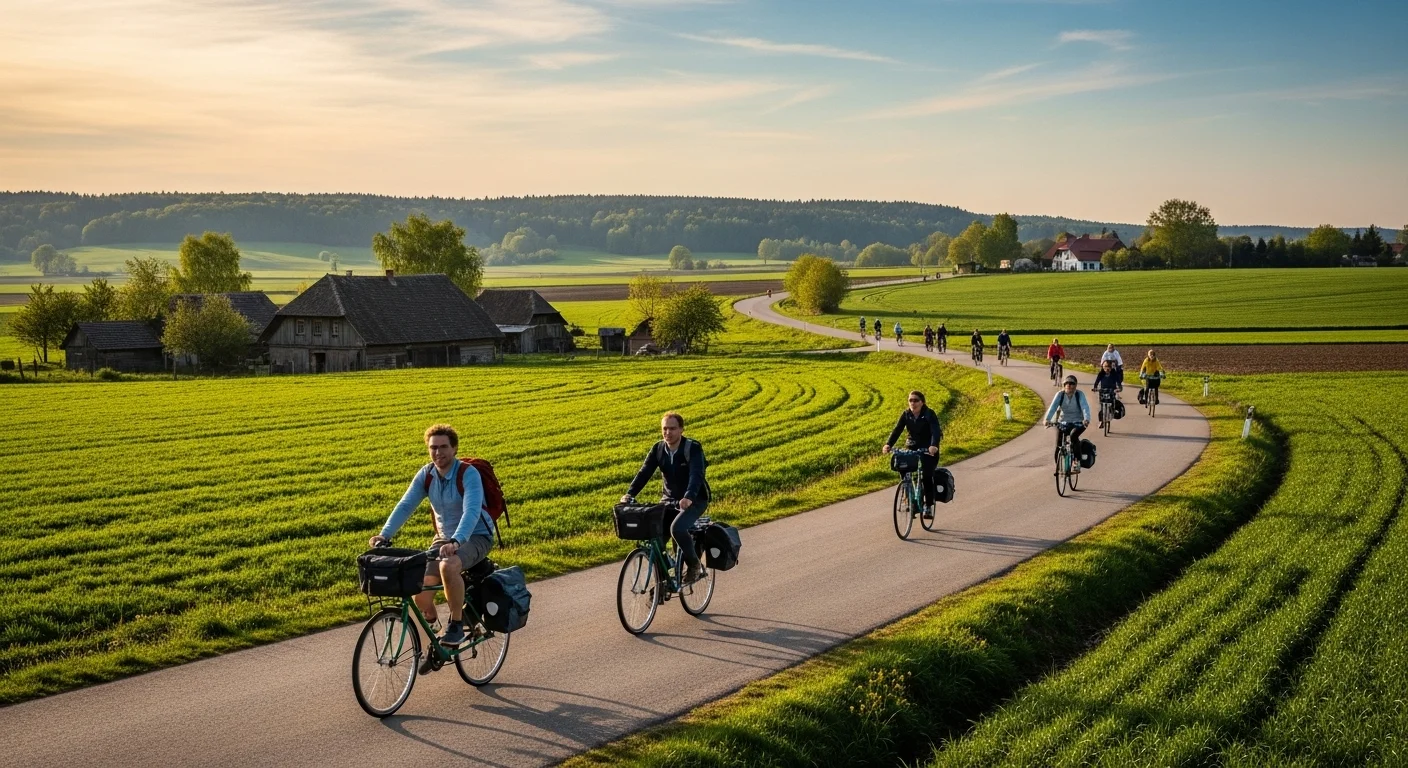 Eco-travelers cycling through Biei’s scenic countryside at sunset.