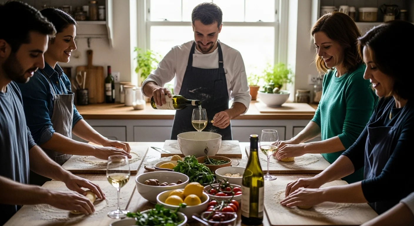 Friends learning to cook and taste wine in a sunlit Praiano kitchen.
