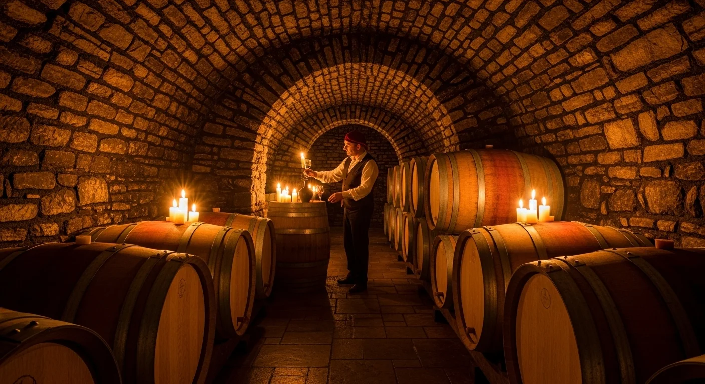 Candlelit wine cellar in Praiano, with barrels and a winemaker pouring a tasting.
