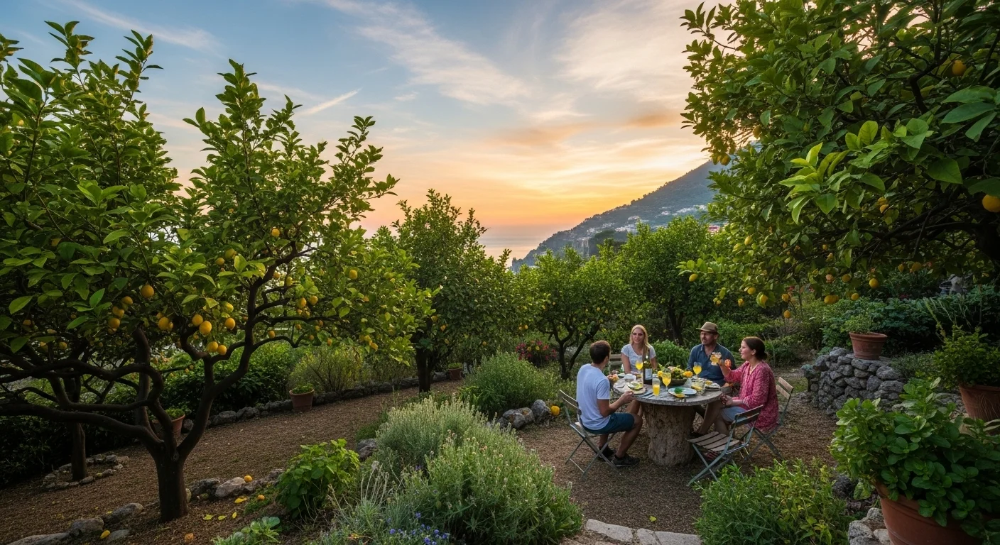 Travelers enjoying limoncello and conversation in a lemon grove at sunset.