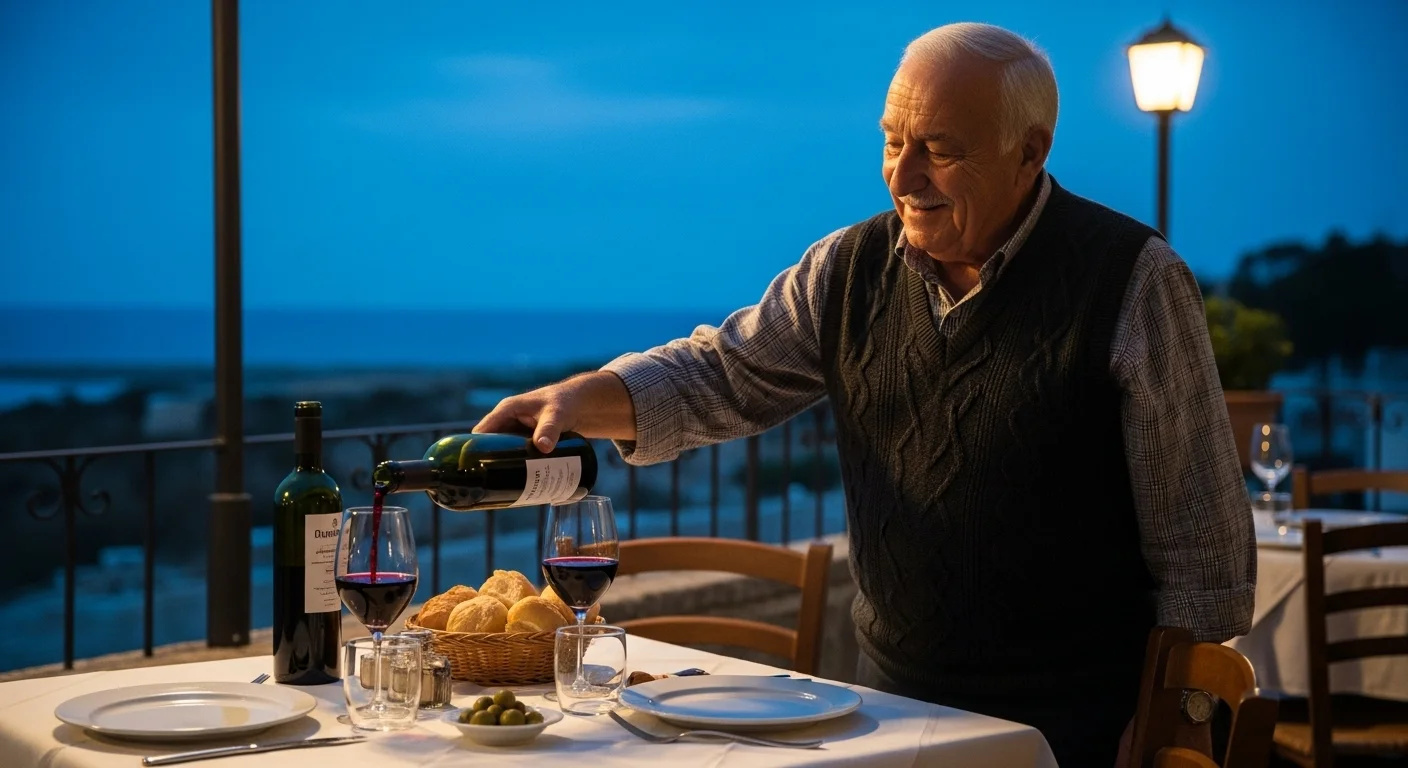 Trattoria owner serving homemade wine on a terrace with a sea view.