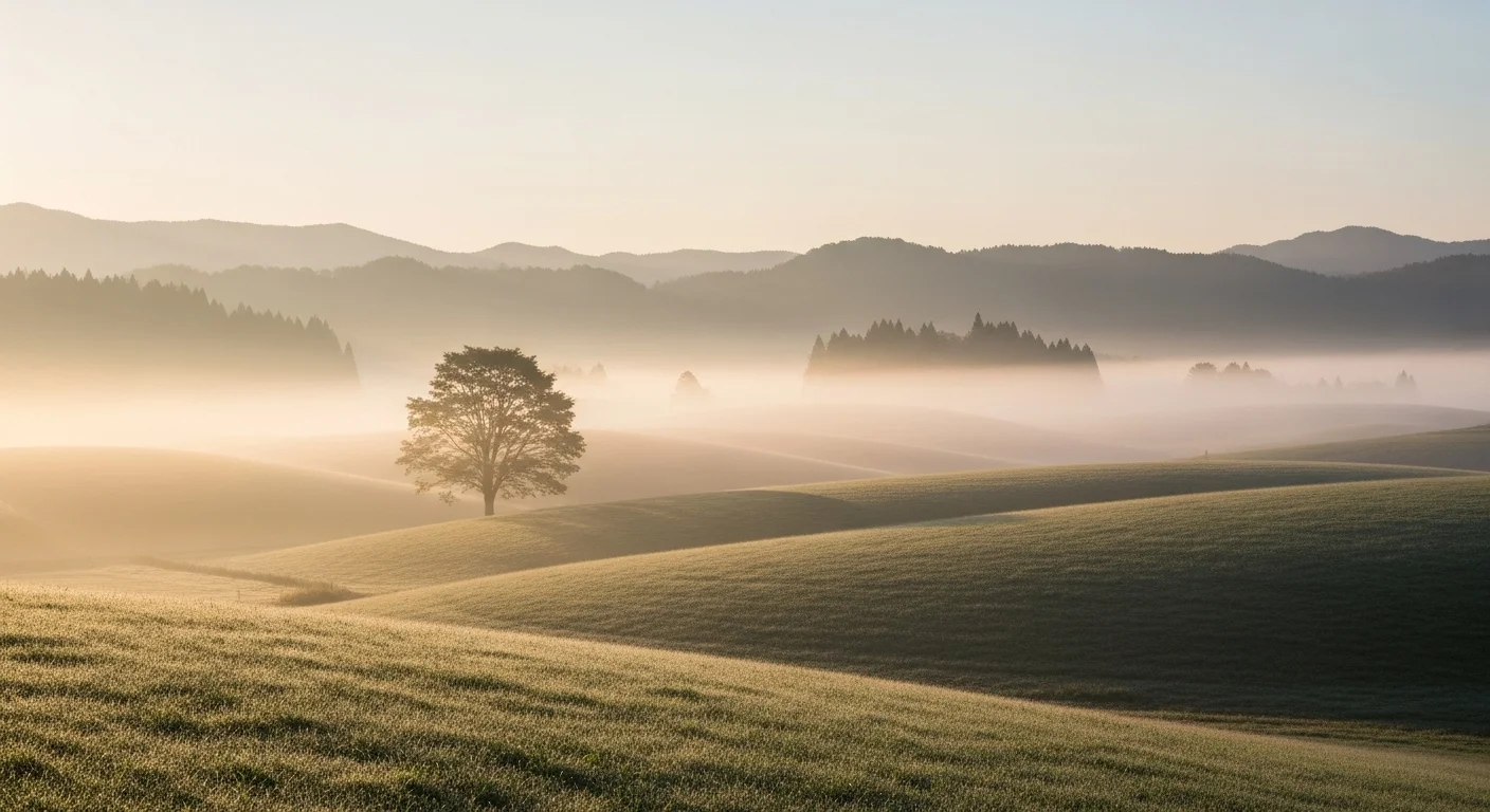 Misty sunrise over Biei’s rolling hills with a solitary tree, evoking calm and anticipation.