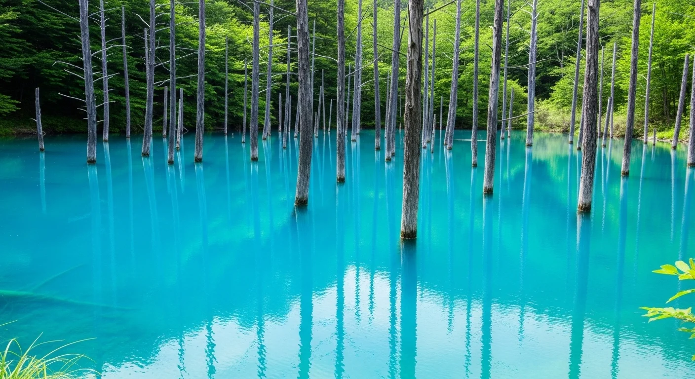 Vivid blue waters of Shirogane Blue Pond with reflected tree trunks and lush summer foliage.