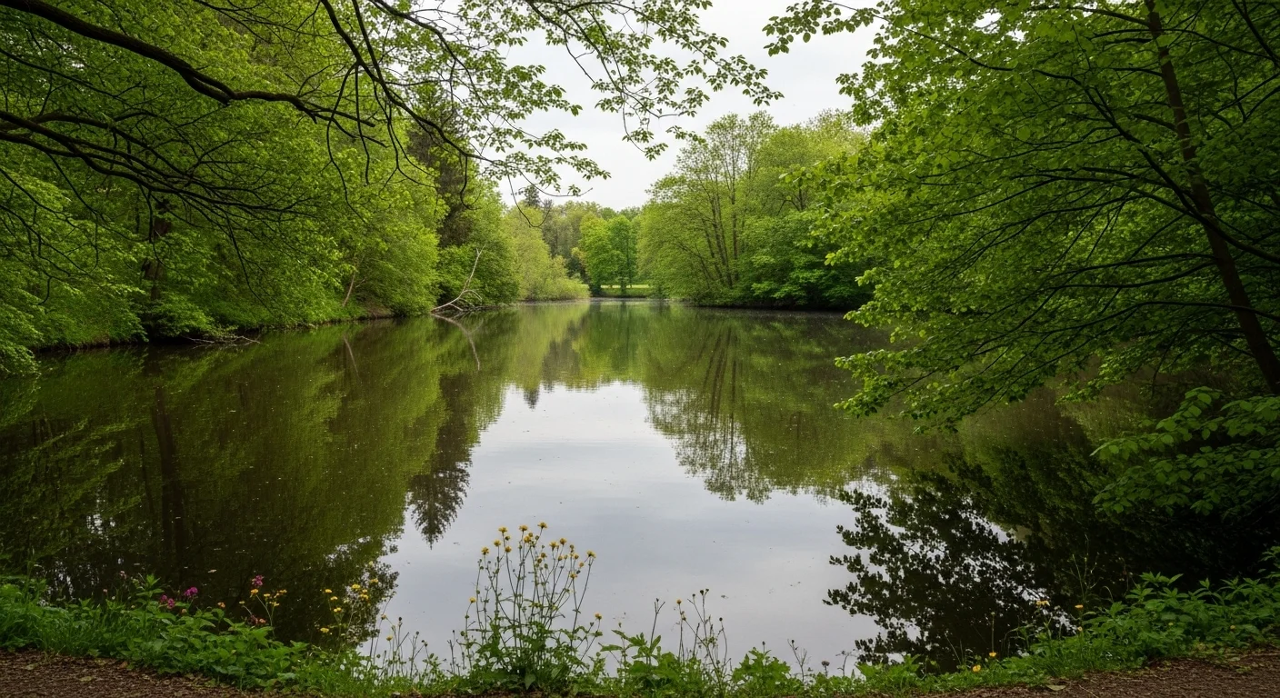 A hidden corner of Torinuma Park, where a still pond mirrors the sky and surrounding trees. The water is glassy, and a few wildflowers bloom at the water’s edge. The scene feels secluded and peaceful, perfect for quiet reflection.