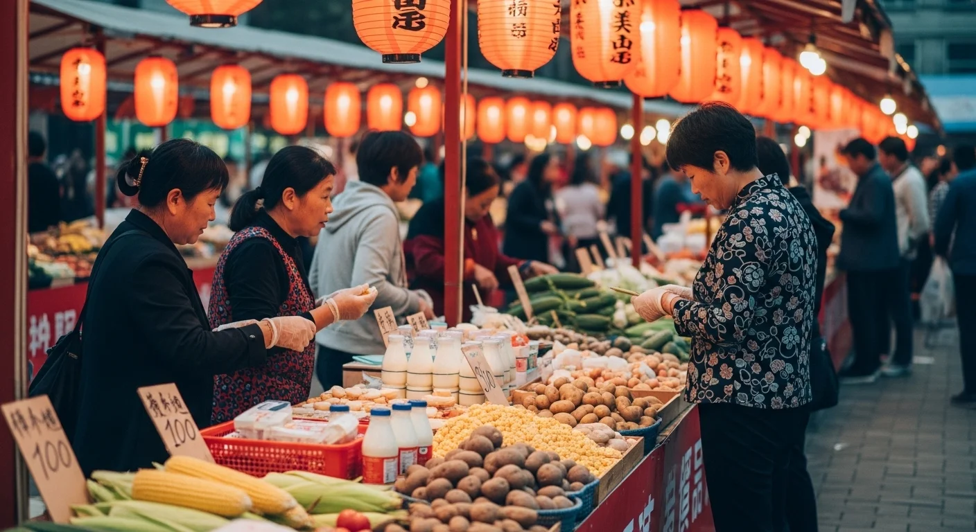 Vibrant autumn market in Biei with fresh produce and festive atmosphere.