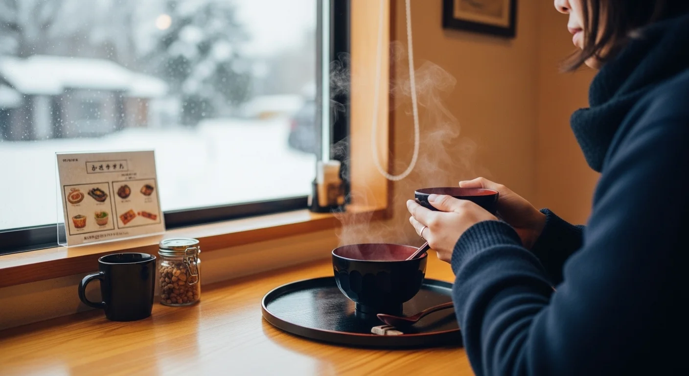 Warm café scene in Biei with a traveler enjoying miso soup and snowy views.