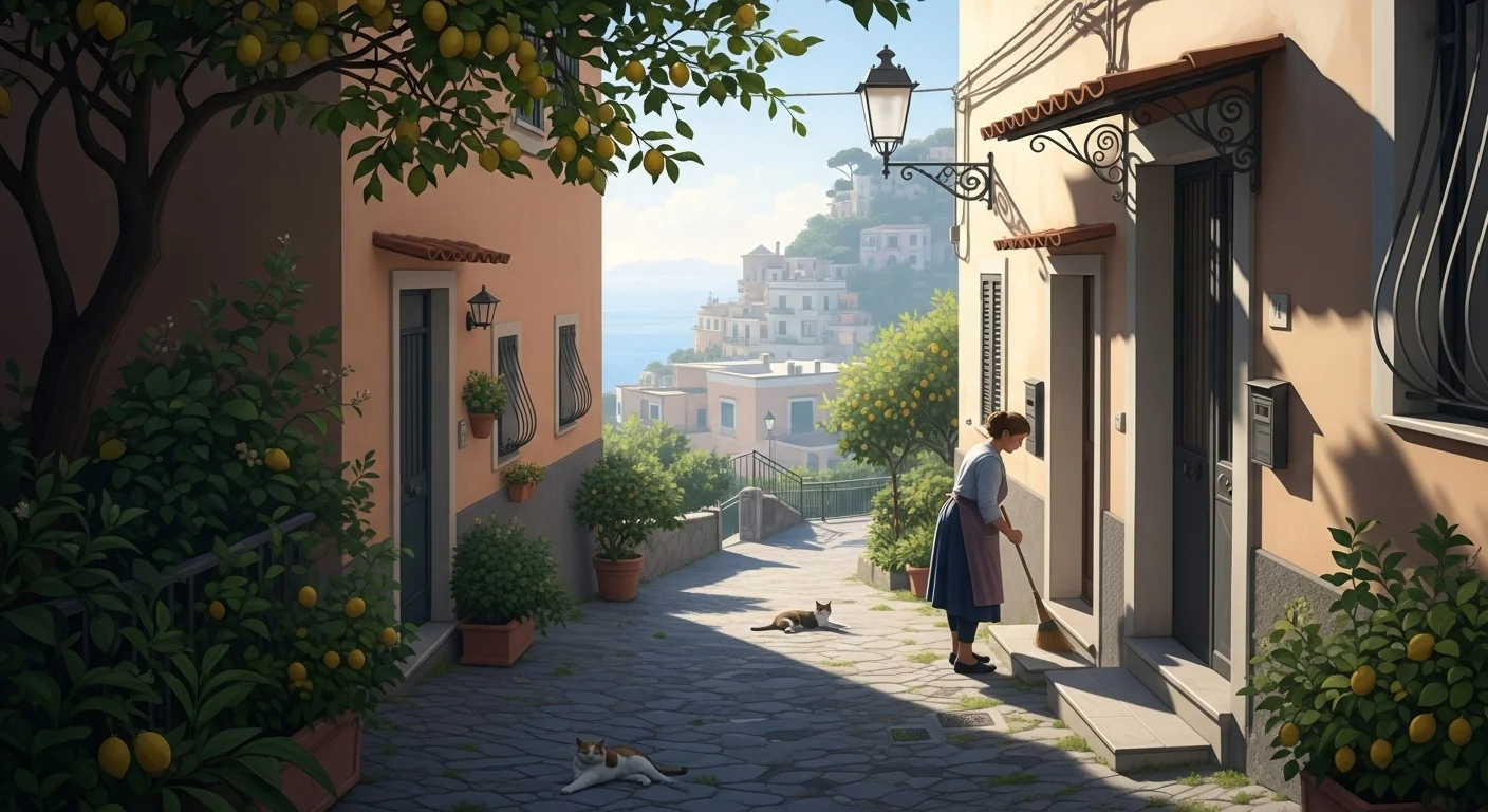 Early morning in Praiano with soft light, local life, and tranquil Mediterranean charm.