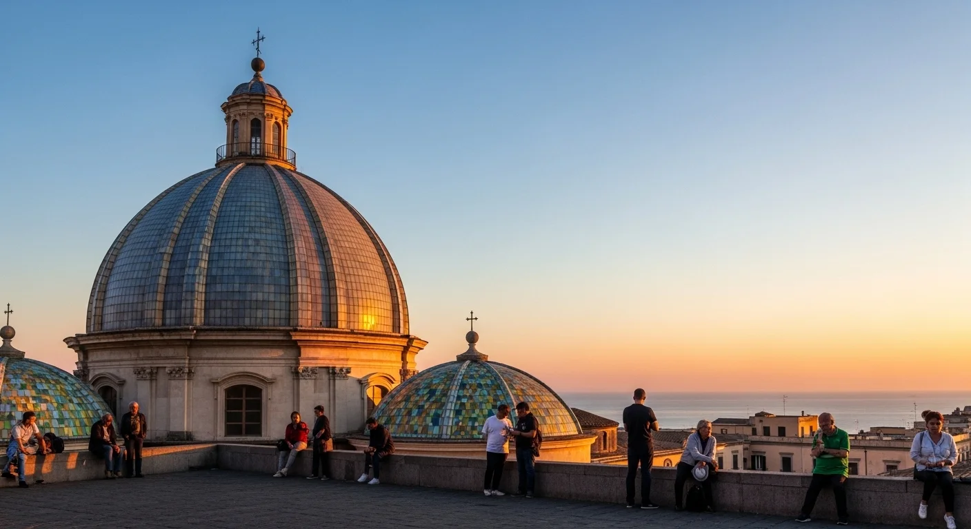 Sunrise over the Church of San Gennaro’s dome with locals and golden light.