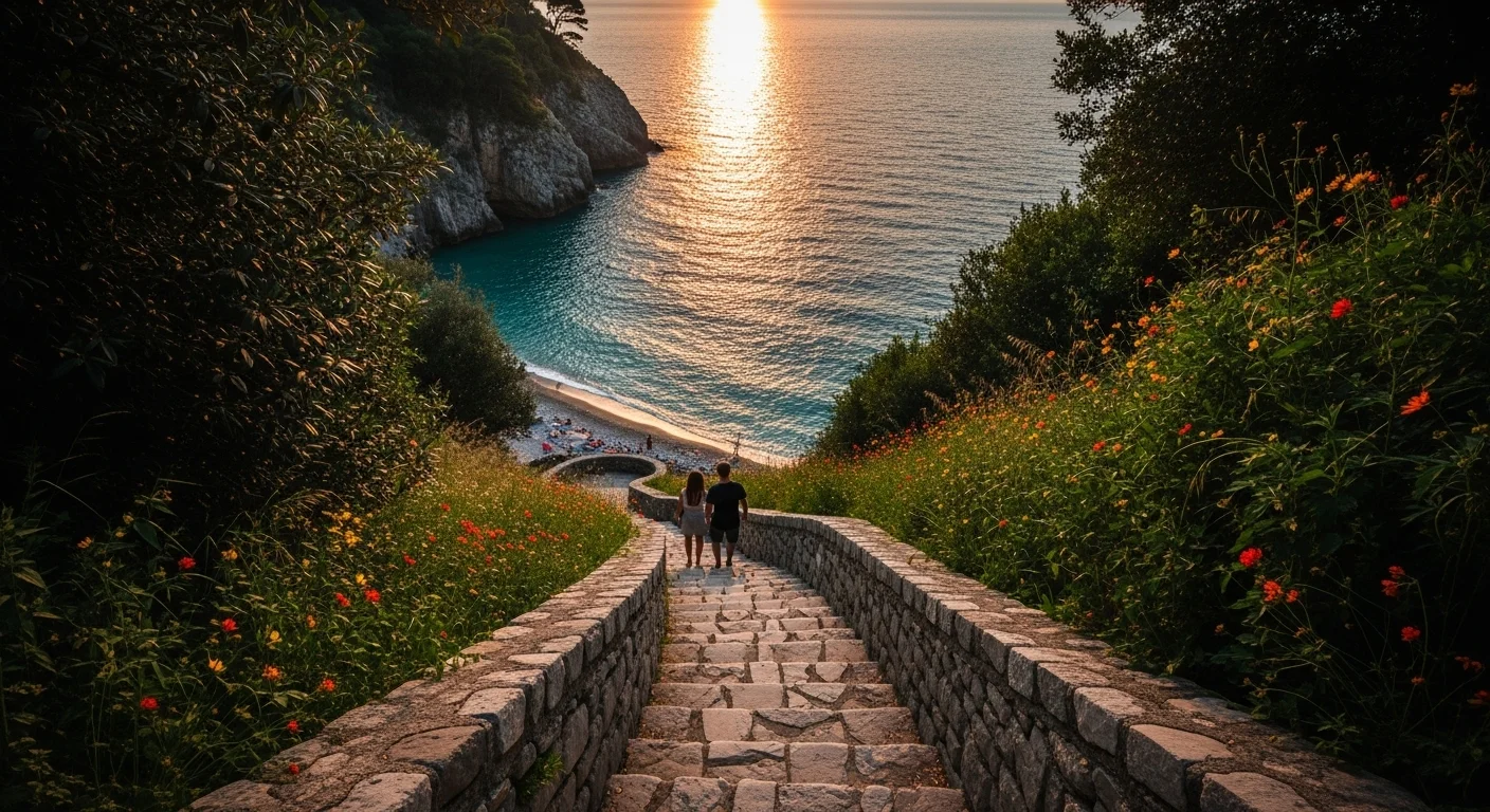 Stone steps to La Gavitella beach at sunset, with romantic and serene atmosphere.