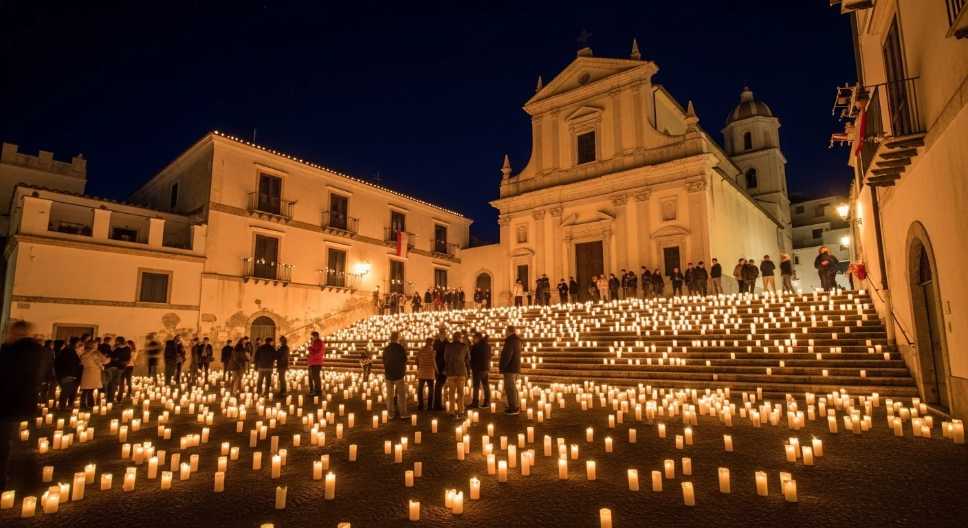 Candlelit festival night in Praiano with glowing faces and festive atmosphere.