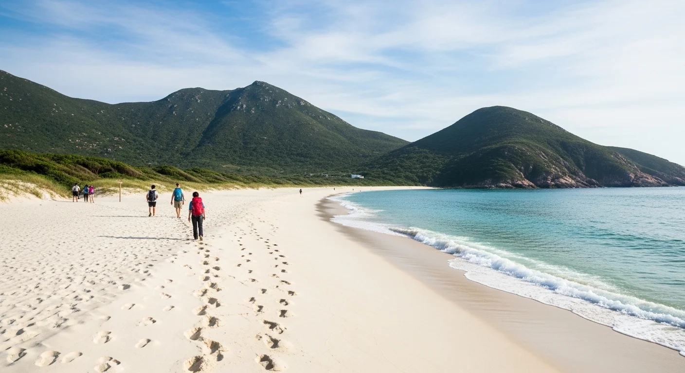 Tai Long Wan’s white sand beach with hikers arriving, green hills, and blue sky. Tai Long Wan’s white sand beach with hikers arriving, green hills, and blue sky.