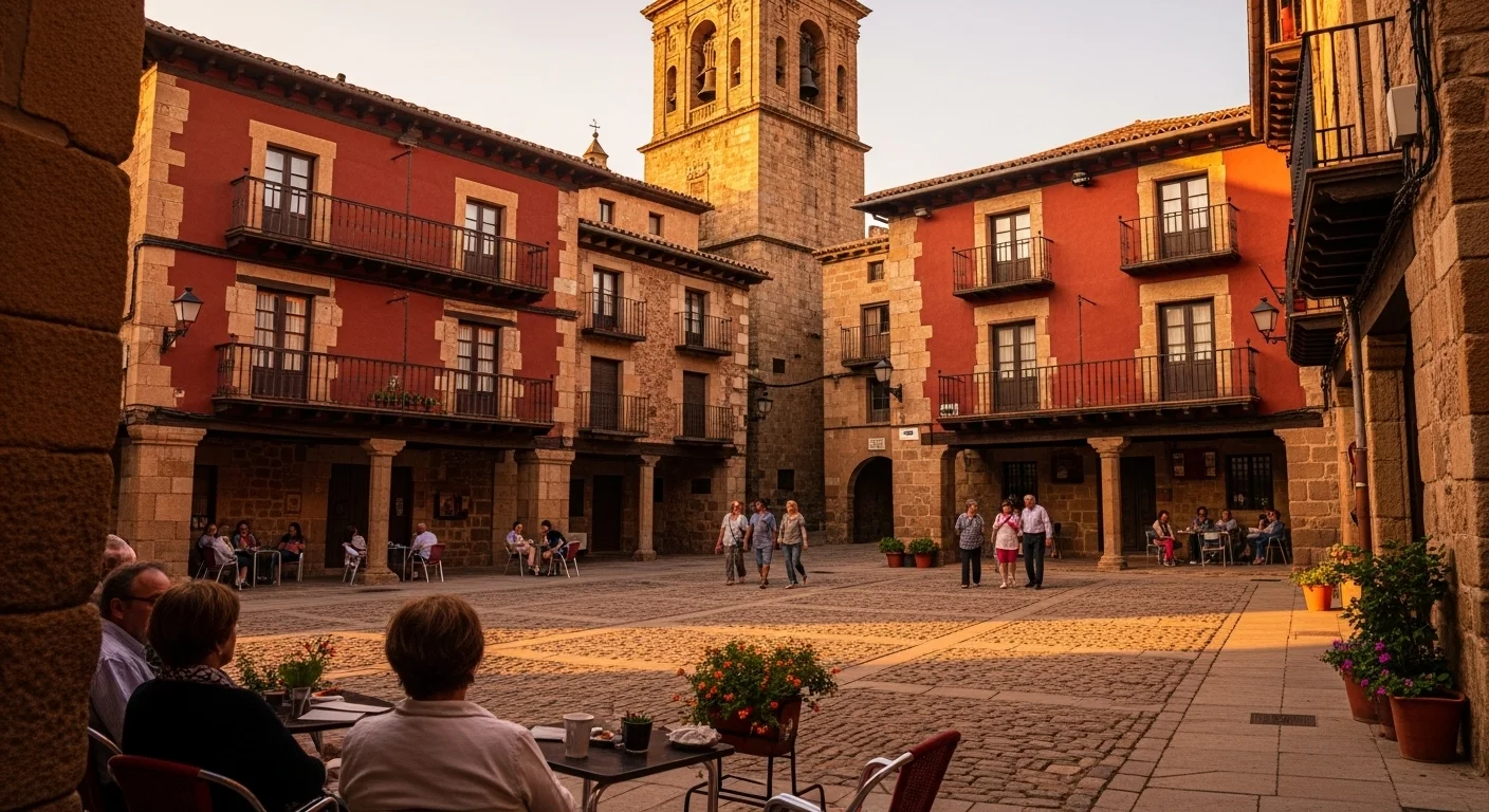 Plaza Mayor of Albarracín at golden hour, showing historic red sandstone buildings with wooden balconies surrounding the intimate square where locals gather for evening socializing. Plaza Mayor of Albarracín at golden hour, showing historic red sandstone buildings with wooden balconies surrounding the intimate square where locals gather for evening socializing.
