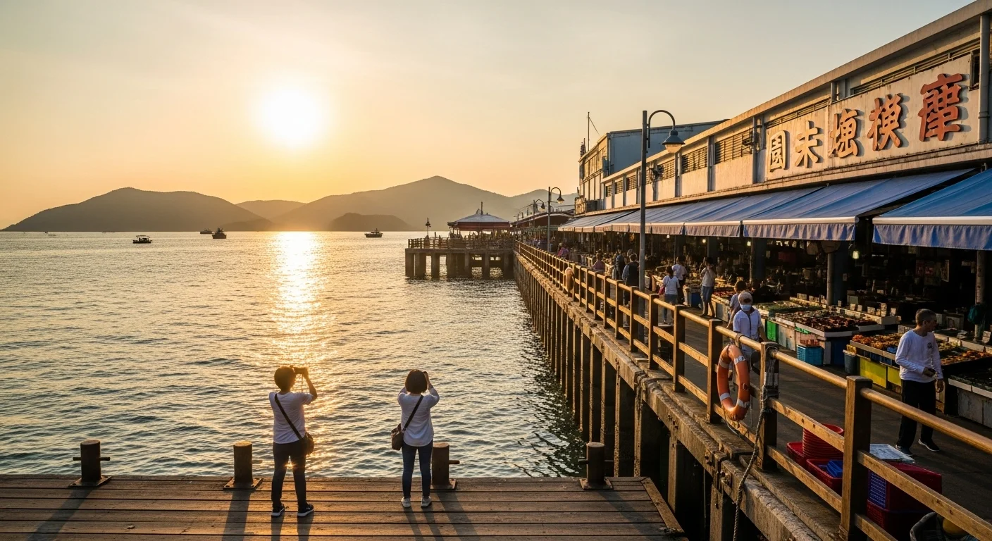 Sai Kung pier at golden hour, with photographers, seafood market, and glowing bay.