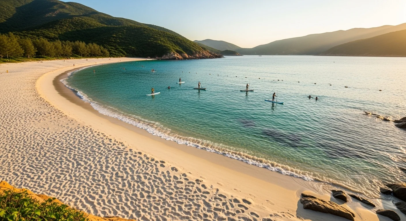 The stunning Tai Long Wan bay with its pristine white sand beach and crystal-clear turquoise waters surrounded by lush green hills, captured in golden afternoon light The stunning Tai Long Wan bay with its pristine white sand beach and crystal-clear turquoise waters surrounded by lush green hills, captured in golden afternoon light