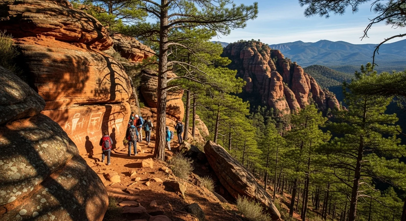 Hikers on a pine-shaded trail in Pinares de Rodeno, admiring red cliffs and ancient cave art.