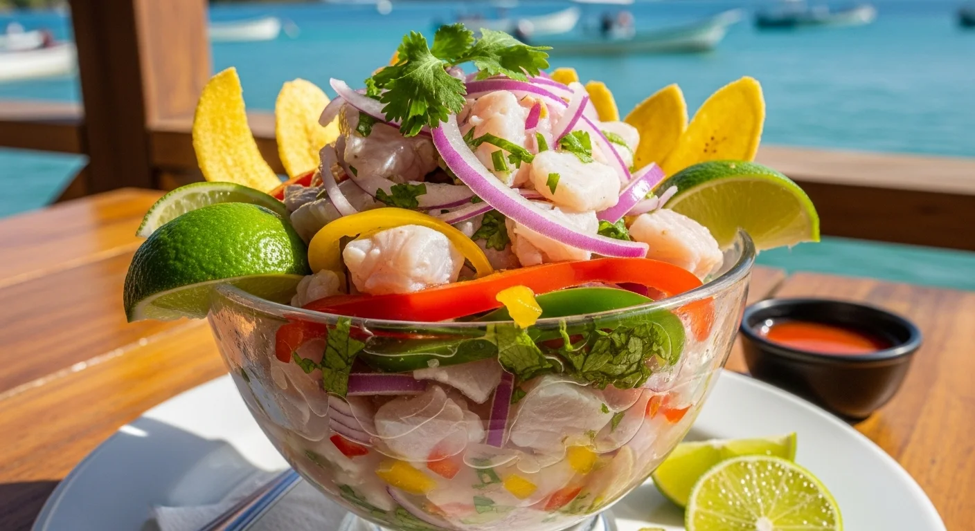 Fresh Panamanian ceviche served in a glass bowl at a waterfront restaurant in Bocas del Toro, with lime wedges and plantain chips Fresh Panamanian ceviche served in a glass bowl at a waterfront restaurant in Bocas del Toro, with lime wedges and plantain chips
