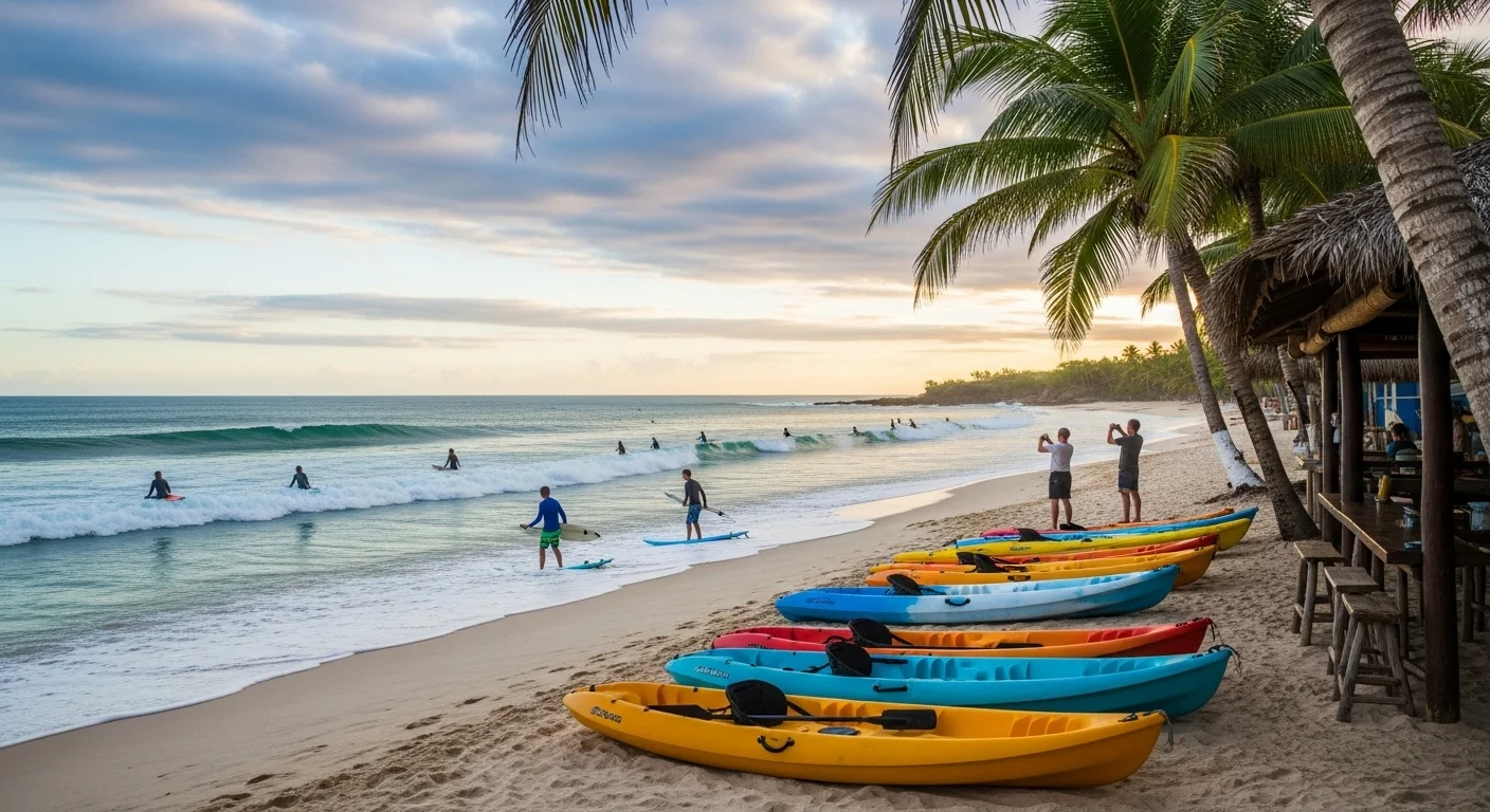 Red Frog Beach at sunset, with surfers, kayaks, and golden light over palm trees and beach bars. Red Frog Beach at sunset, with surfers, kayaks, and golden light over palm trees and beach bars.