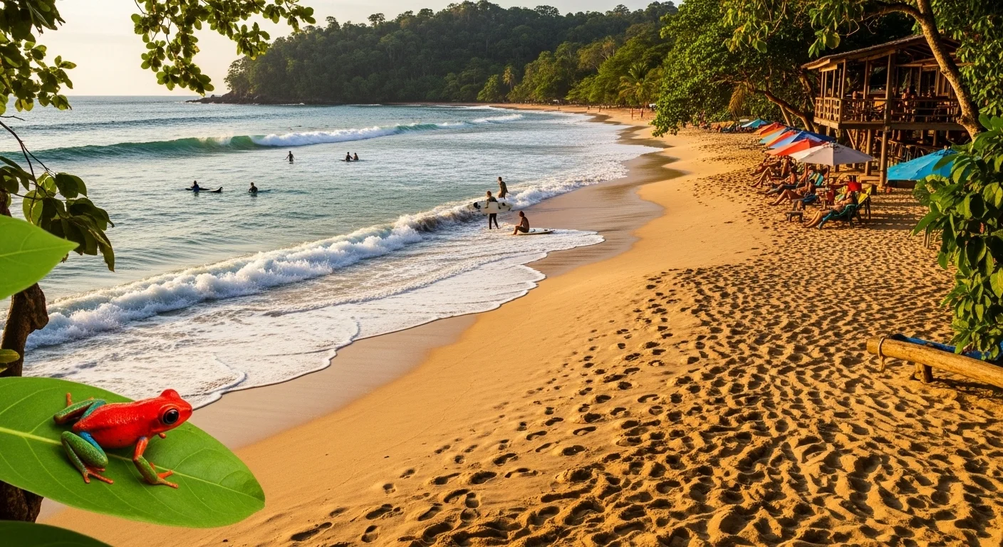 Red Frog Beach with golden sand, jungle backdrop, surfers, and a tiny red frog on a leaf. Red Frog Beach with golden sand, jungle backdrop, surfers, and a tiny red frog on a leaf.