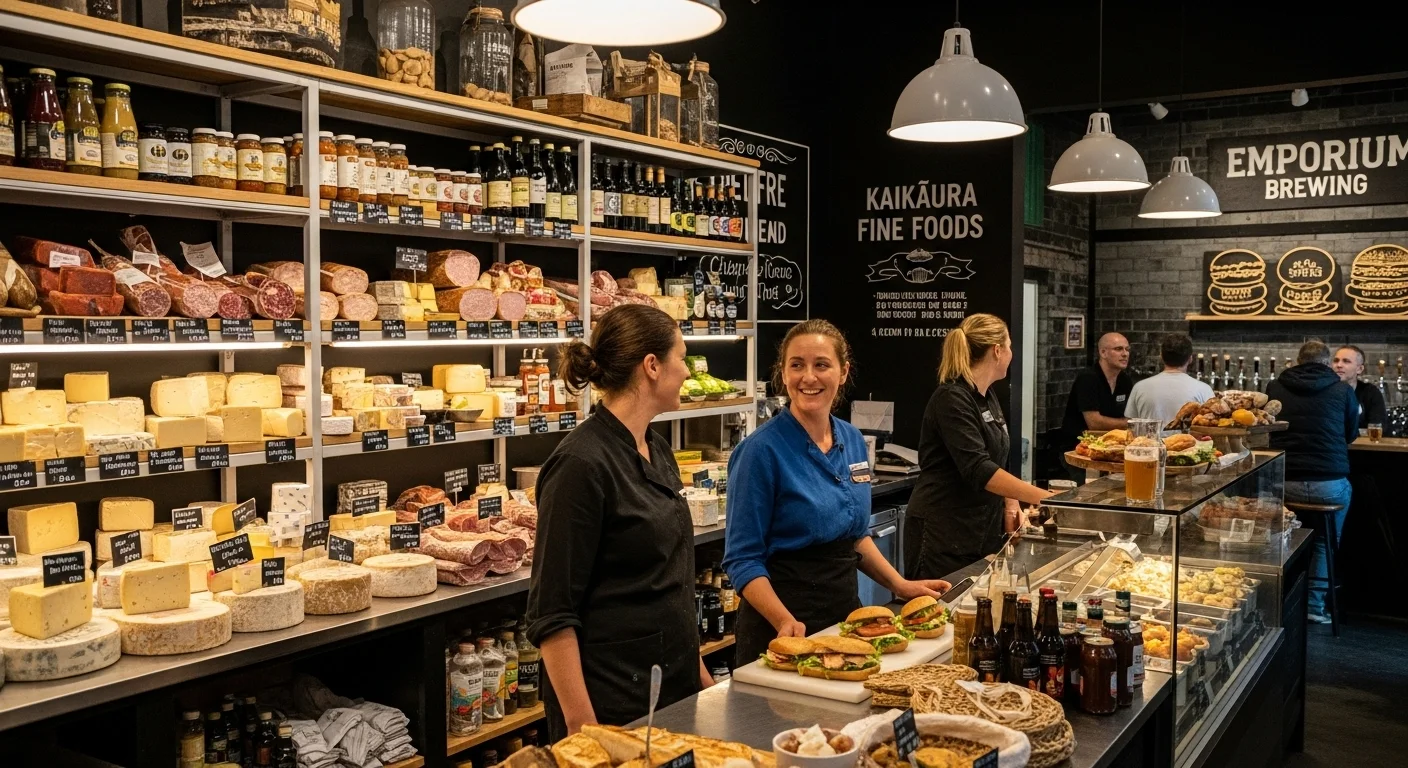 Inside a cozy delicatessen in Kaikōura, shelves of cheese and meats, and people enjoying craft beer nearby. Inside a cozy delicatessen in Kaikōura, shelves of cheese and meats, and people enjoying craft beer nearby.