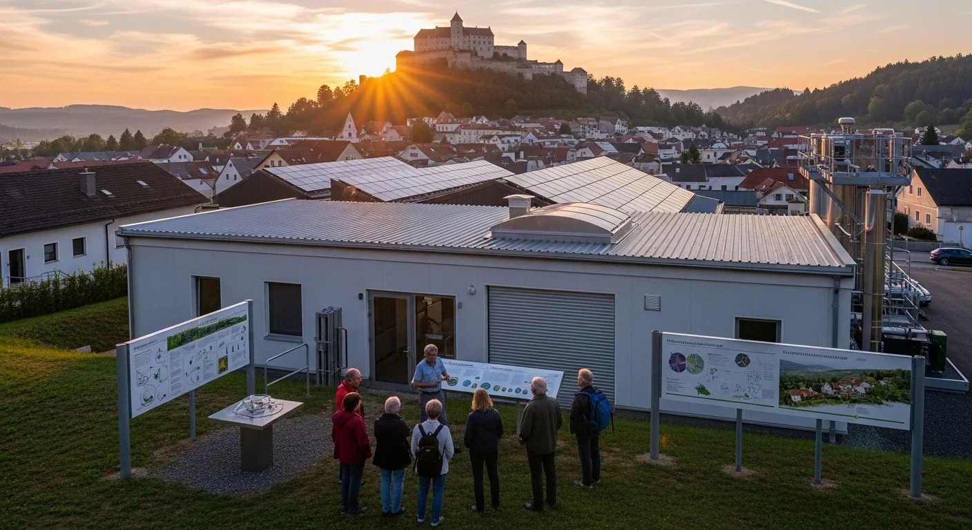 Eco-tourists at a biomass plant near Güssing Castle, with educational displays and sunset lighting. Eco-tourists at a biomass plant near Güssing Castle, with educational displays and sunset lighting.