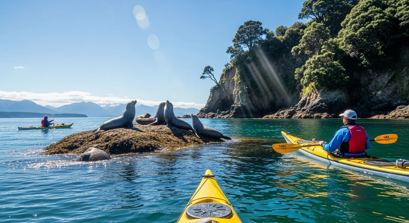 A kayaker’s view of seals on rocks, dolphins in the water, and Kaikōura’s wild coastline. A kayaker’s view of seals on rocks, dolphins in the water, and Kaikōura’s wild coastline.