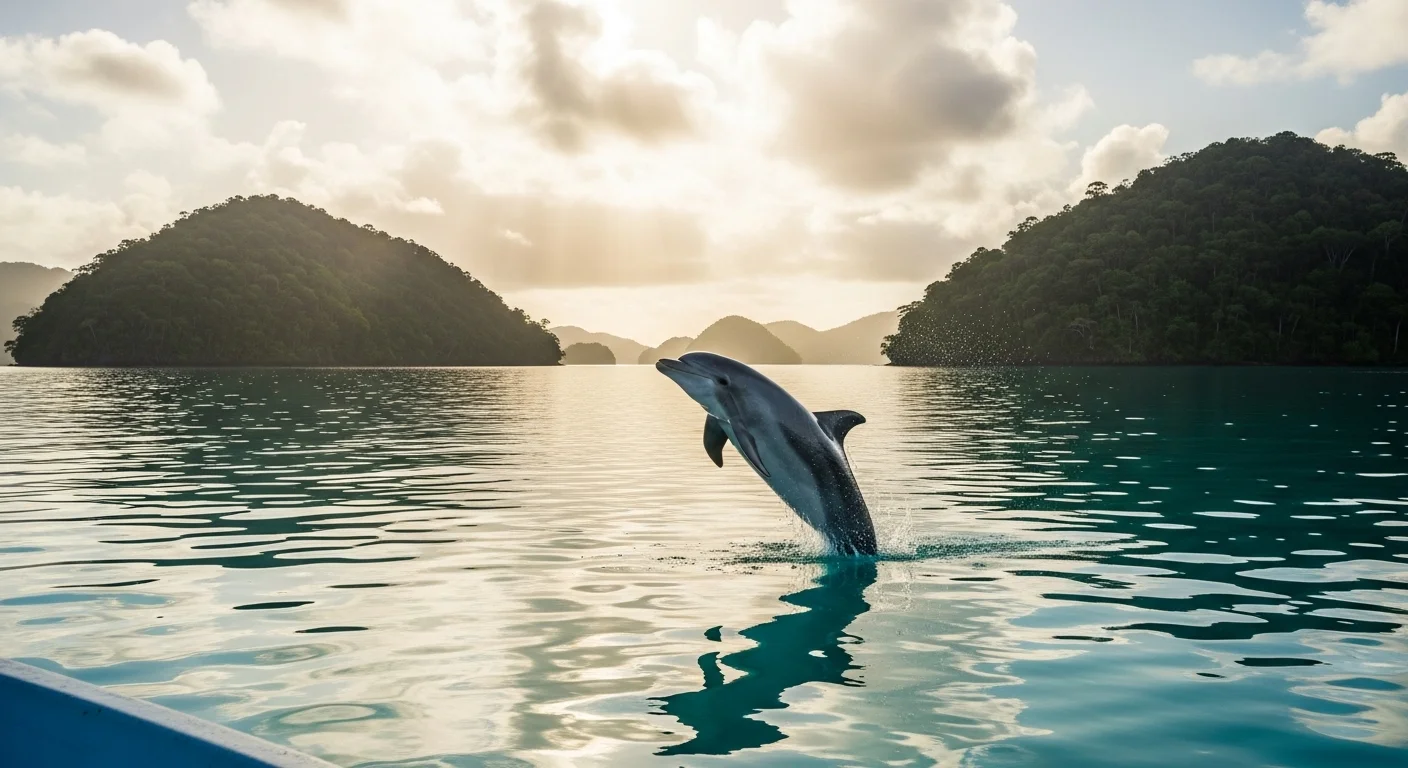 Bottlenose dolphin mid-leap in Dolphin Bay with morning light illuminating its sleek body against a backdrop of lush green islands Bottlenose dolphin mid-leap in Dolphin Bay with morning light illuminating its sleek body against a backdrop of lush green islands