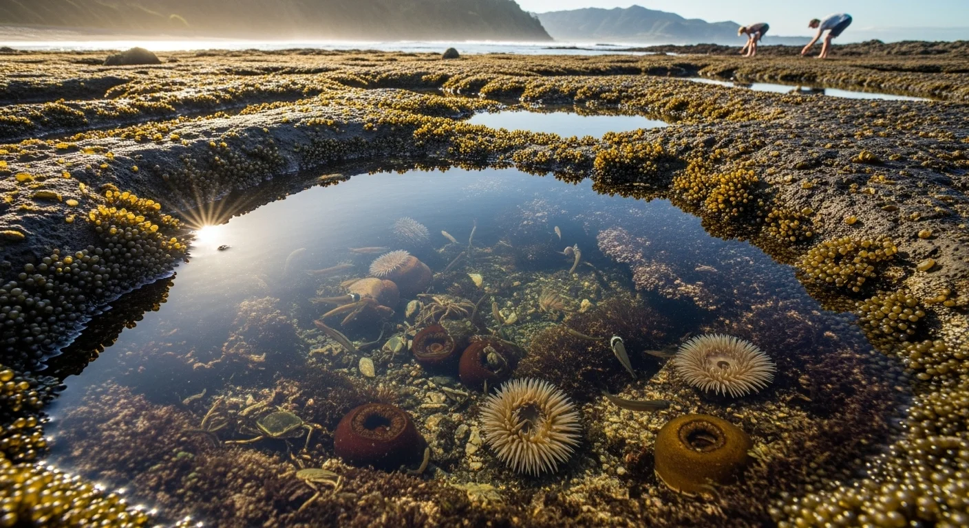 Clear tide pool at Half Moon Bay revealing colorful sea anemones, crabs, and bubble-like algae among wet volcanic rocks Clear tide pool at Half Moon Bay revealing colorful sea anemones, crabs, and bubble-like algae among wet volcanic rocks