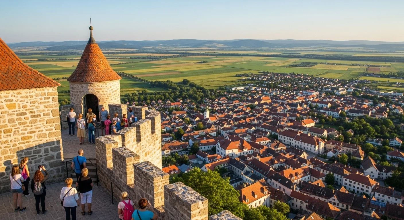 View from Güssing Castle’s ramparts over Burgenland’s hills and the town below, with visitors enjoying the panorama. View from Güssing Castle’s ramparts over Burgenland’s hills and the town below, with visitors enjoying the panorama.
