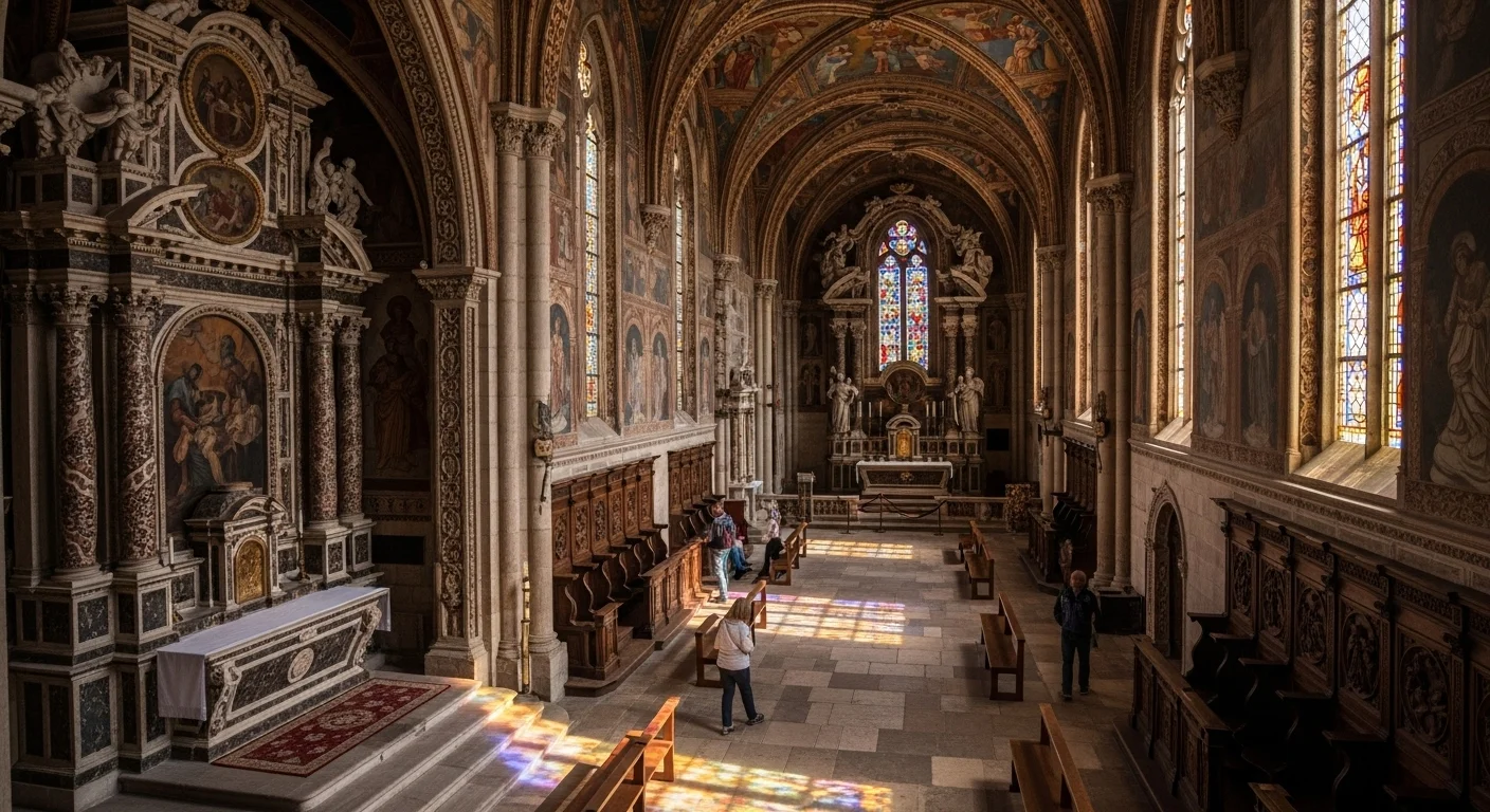Sunlit interior of the Franciscan Monastery, with frescoes, stained glass, and visitors in quiet admiration. Sunlit interior of the Franciscan Monastery, with frescoes, stained glass, and visitors in quiet admiration.