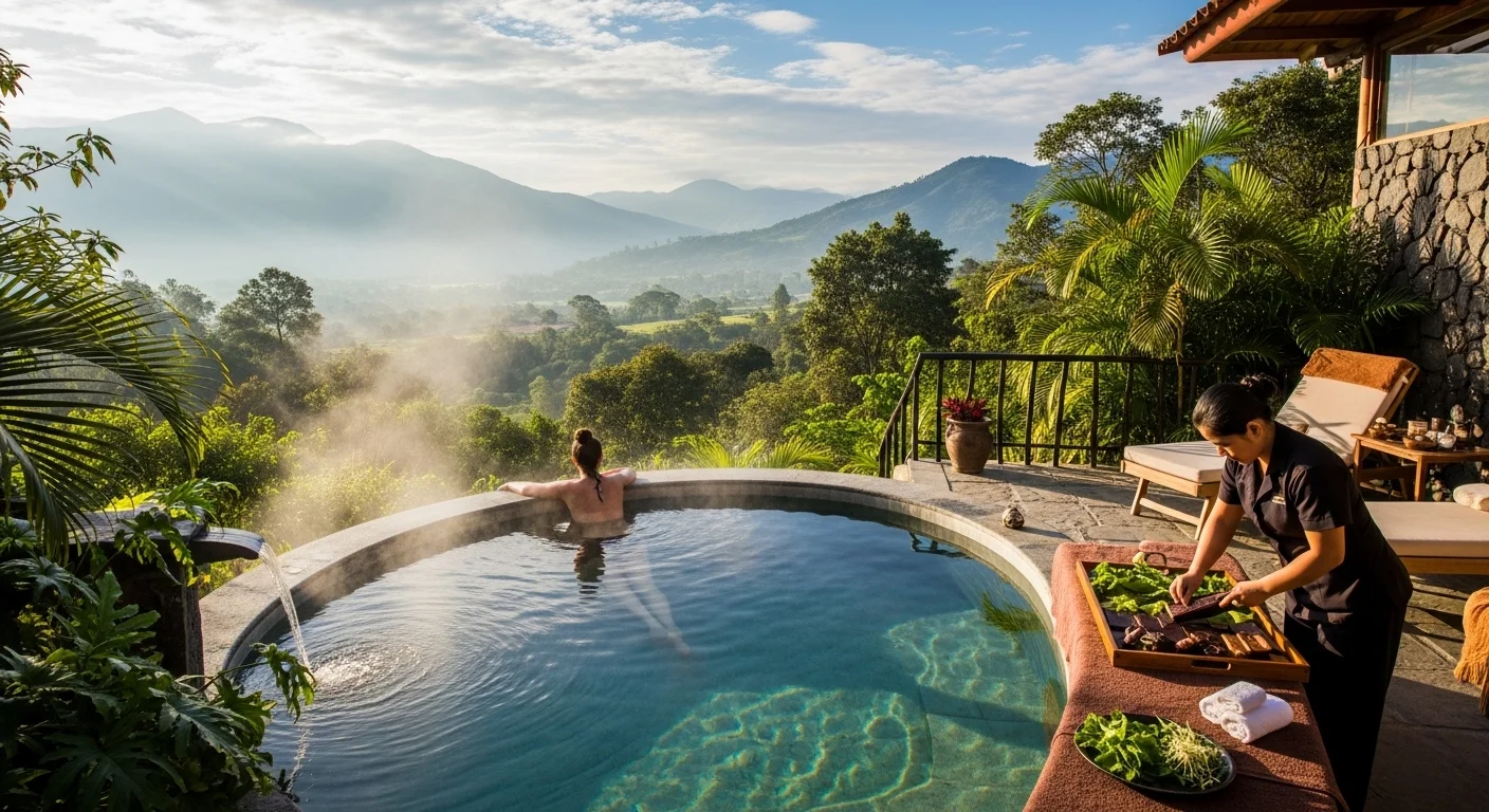 A guest relaxing in a volcanic jacuzzi at Luna Volcán Spa, with panoramic views of Baños and the mountains. A guest relaxing in a volcanic jacuzzi at Luna Volcán Spa, with panoramic views of Baños and the mountains.