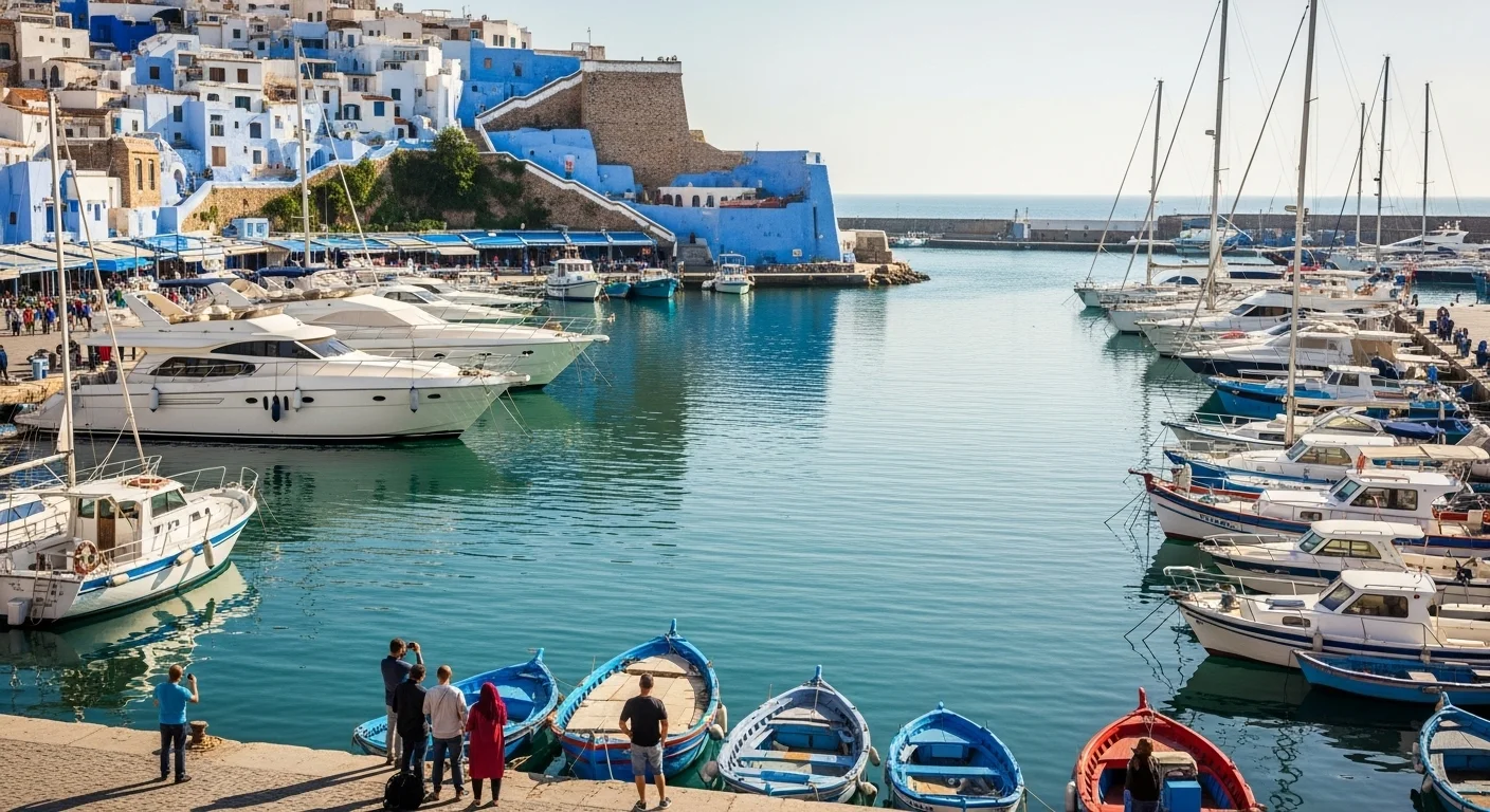 Sidi Bou Said marina with boats, stairway, and blue-and-white village above, under bright sunlight. Sidi Bou Said marina with boats, stairway, and blue-and-white village above, under bright sunlight.