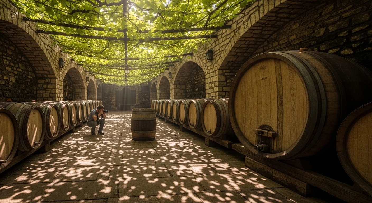 Weinkeller’s rustic wine barrels and sunlit vines, with a photographer capturing details. Weinkeller’s rustic wine barrels and sunlit vines, with a photographer capturing details.