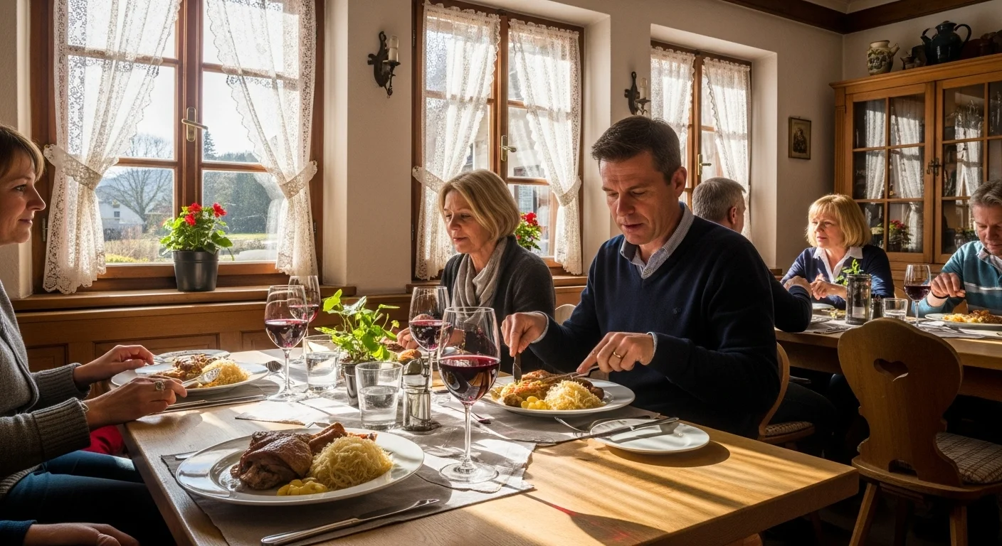 A sunlit tavern table with roast goose, stewed cabbage, and red wine, locals dining nearby. A sunlit tavern table with roast goose, stewed cabbage, and red wine, locals dining nearby.