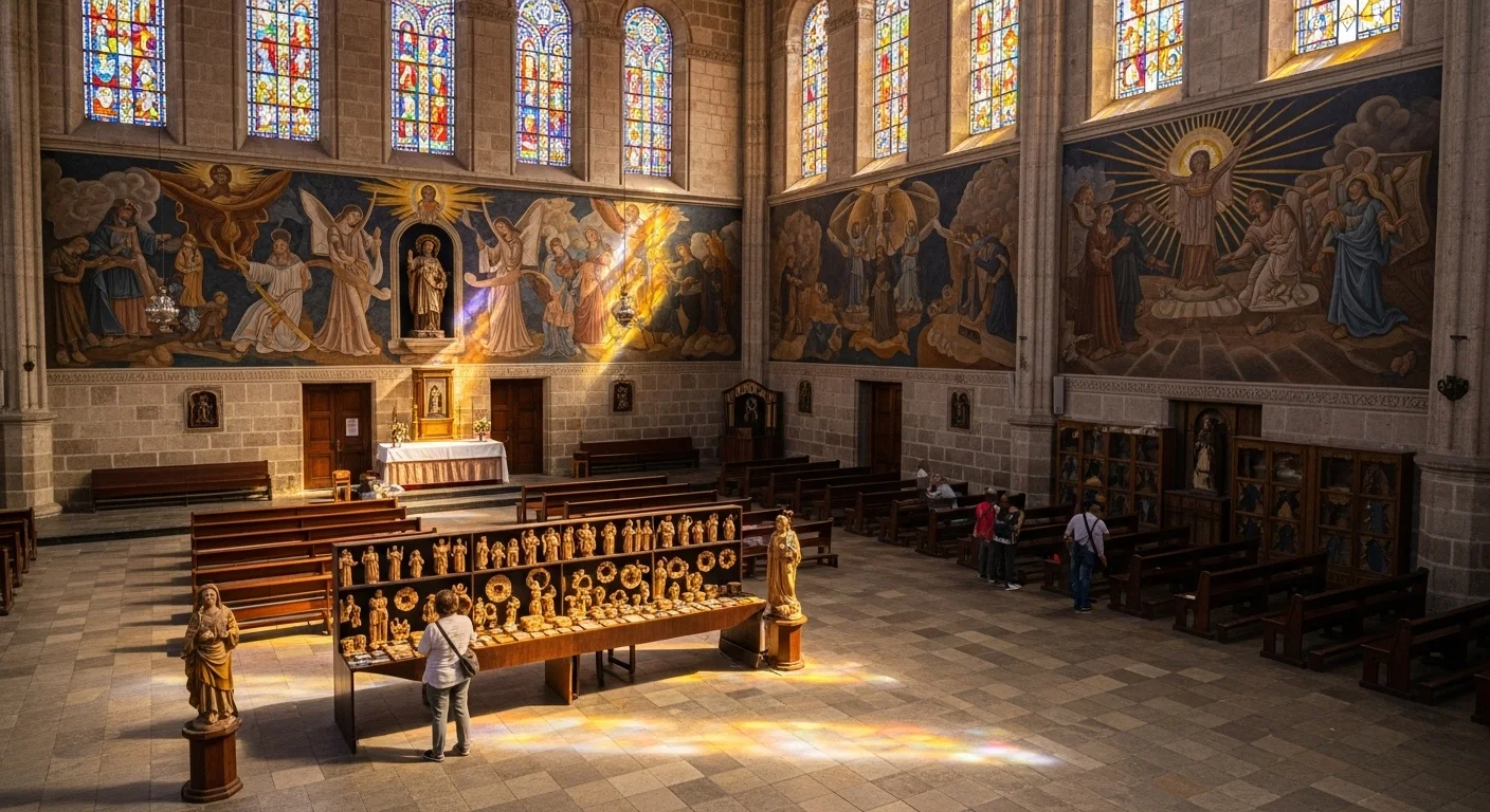 Interior of the Basilica with colorful murals, stained glass, and folk art displays, bathed in natural light. Interior of the Basilica with colorful murals, stained glass, and folk art displays, bathed in natural light.