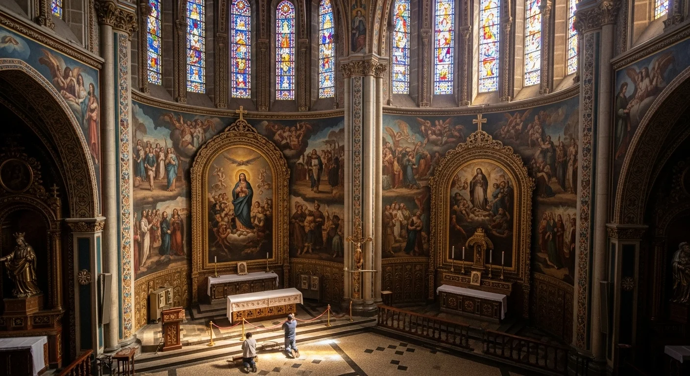 Inside the basilica, sunlight highlights murals of miracles and pilgrims in prayer. Inside the basilica, sunlight highlights murals of miracles and pilgrims in prayer.